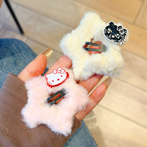 Japanese-style cute cat plush star hair clip, high-quality girl style side clip, bangs hair ornament new