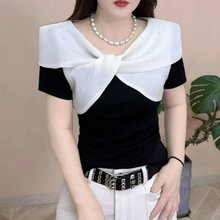 一件代发精梳棉＋珠光纱披肩撞色短袖棉T小衫女装短袖上衣