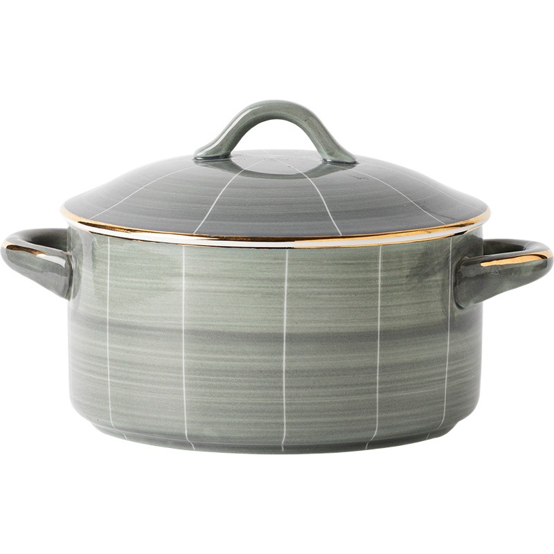 Tazón de sopa de doble oreja de cerámica con tapa tazón de ensalada de fideos instantáneos Luz de lujo personalizado hogar tazón grande nórdico borde dorado image 1
