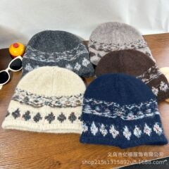 费尔岛风提花针织女秋冬季显脸小百搭毛线帽子大头围水桶帽毛线帽
