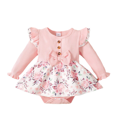 Baby clothes spring and autumn pure color patchwork floral nappy onesie for girls European and American style horizontal stripe onesie