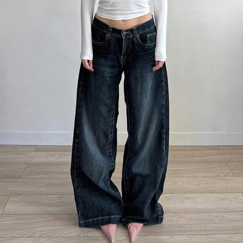 American Street Style Loose Asymmetrical Zipper Jeans for Women, New Autumn Straight Wide-Leg Floor-Length Pants American Street Style Loose Asymmetrical Zipper Jeans for Women, New Autumn Straight Wide-Leg Floor-Length Pants