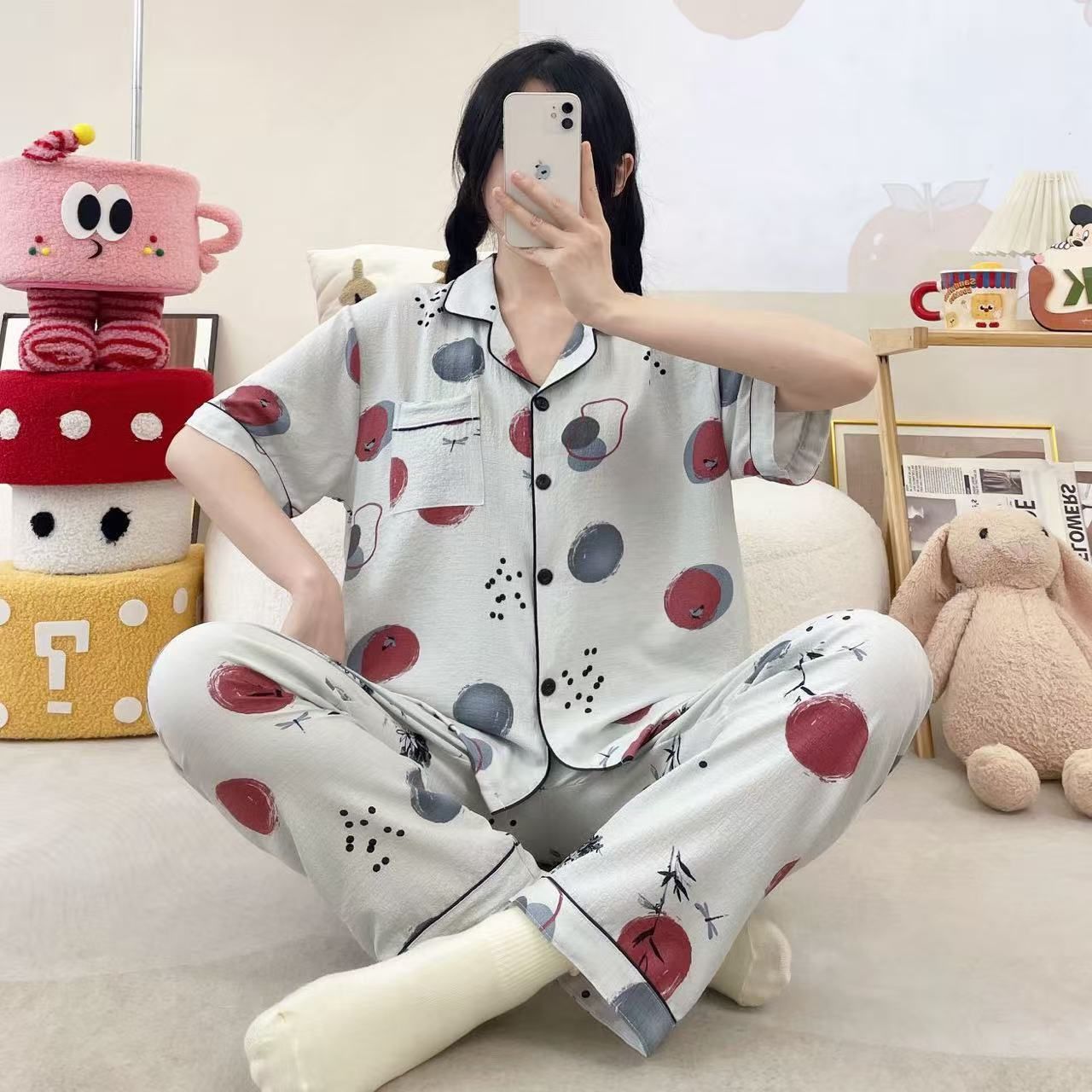 Vietnam transfronterizo al por mayor pijamas de verano para mujer, pantalones frescos de manga corta, cárdigan estampado, servicio a domicilio, dos trajes