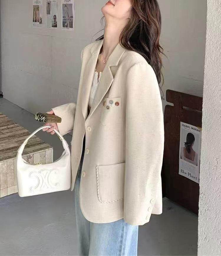 Áo vest nữ dáng suông thanh lịch, tay dài, cổ vest, phong cách công sở — Màu yến mạch (chất lượng cao) chi tiết 4