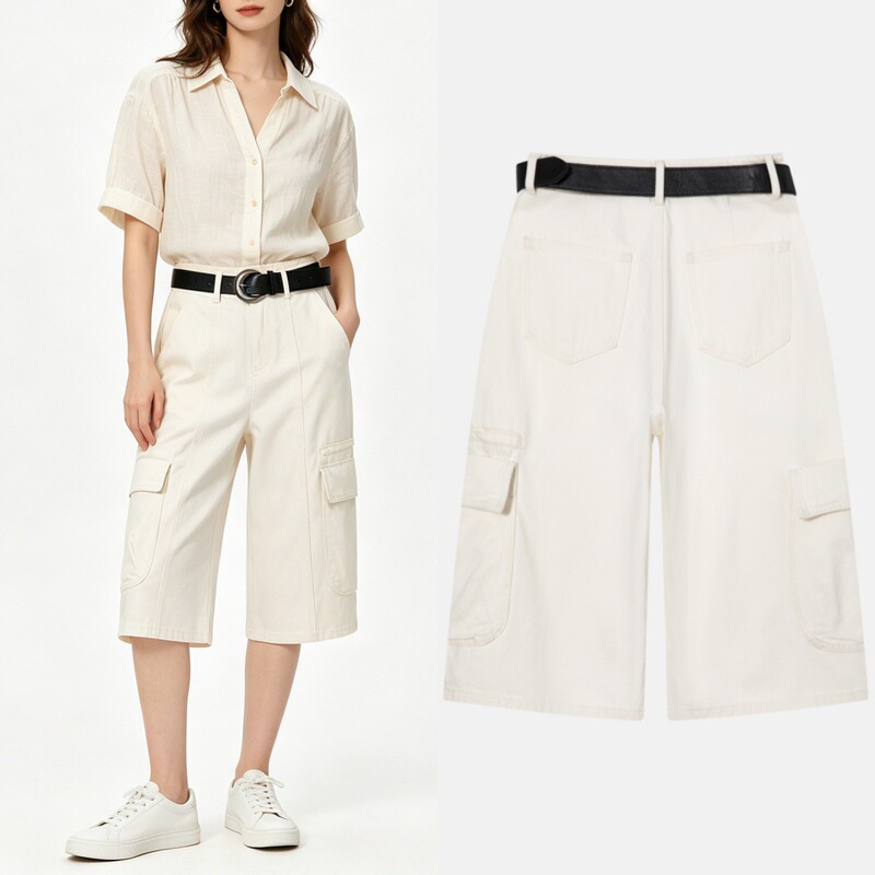 White Multi-Pocket Workwear Denim Pants for Women, Summer 2026, Loose Wide-Leg Versatile Non-Stretch Mid-Length Casual Cropped Pants