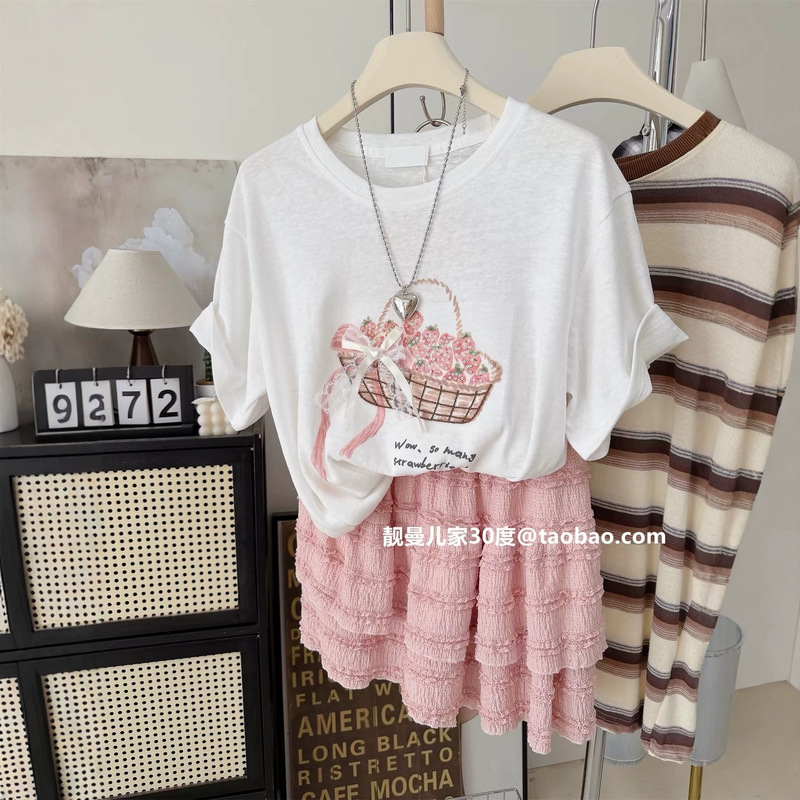 Korean Dongdaemun Plus Size 120kg Thin Top with Sequin Bow Short-Sleeve T-Shirt for Women, Gentle and Cute Trendy Style