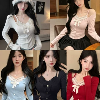 7090#新款人棉小香风蝴蝶结长袖t恤女假两件修身小上衣