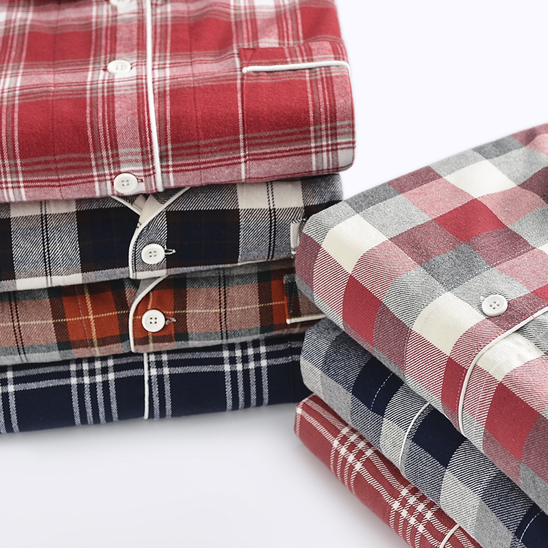 厂家供应日式格子绒布情侣睡衣2025新款春秋纯棉法兰绒家居服套装