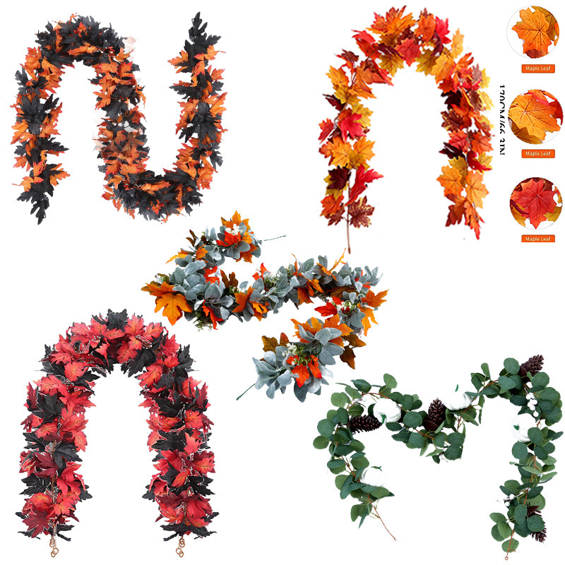 Cross-border Wholesale Autumn Maple Leaf Halloween Home Decorations Harvest Festival Artificial Fake Leaves Maple Leaf Rattan