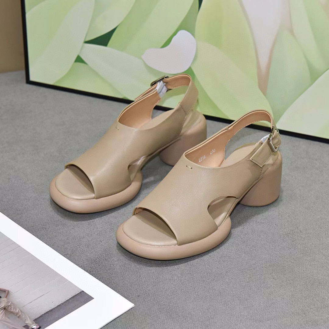 Sandal nữ da thật mũi hở gót vuông quai ngang đế dày — đen chi tiết 9