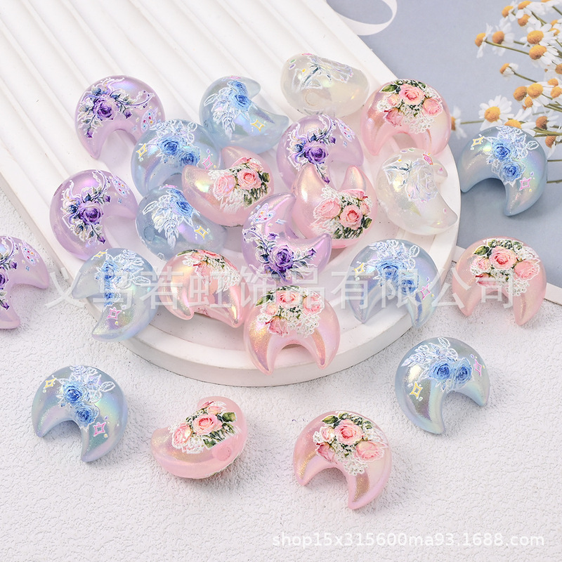 Through-hole luminous rose print moon bead pen accessory, mobile phone keychain, bag charm, DIY handmade jewelry accessory