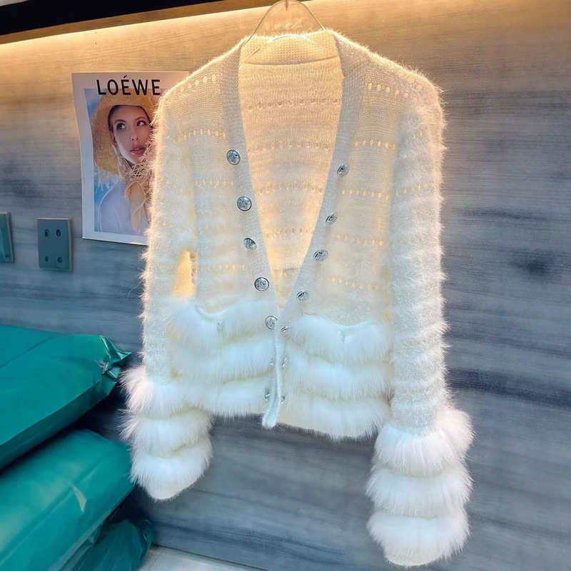 In Stock Now! Luxurious and Elegant Fox Fur Light Knit Cardigan with V-Neck and Shiny Threads for Women In Stock Now! Luxurious and Elegant Fox Fur Light Knit Cardigan with V-Neck and Shiny Threads for Women
