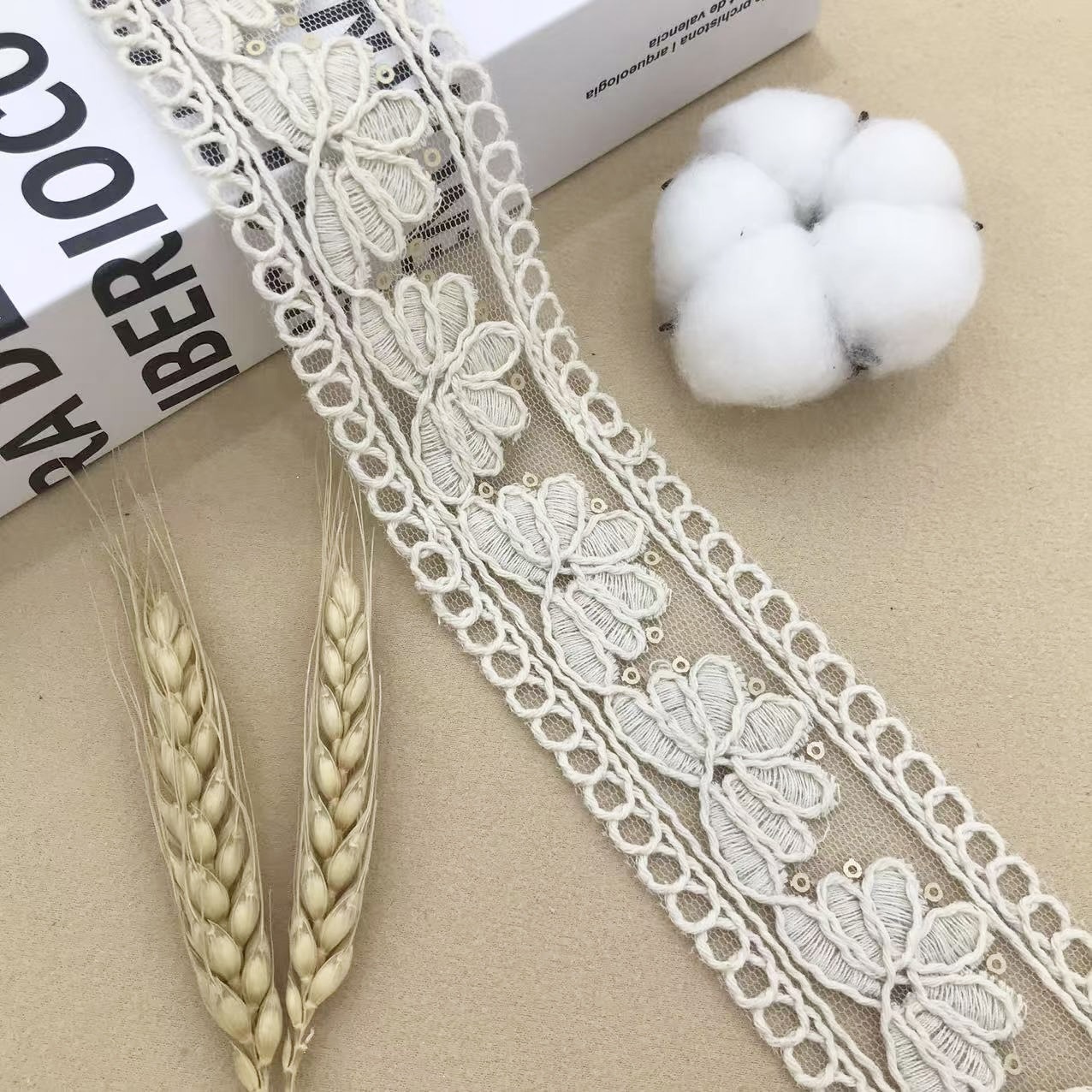 4.8CM网纱棉线刺绣花边民族风服装辅料亮片绣汉服女装袖口配饰DIY