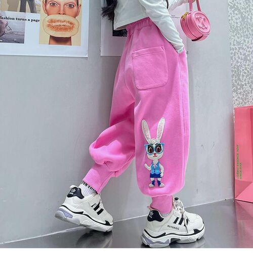 Children's new embroidered rabbit harlon pants for middle school students, casual winter wear, padded and versatile sports pants