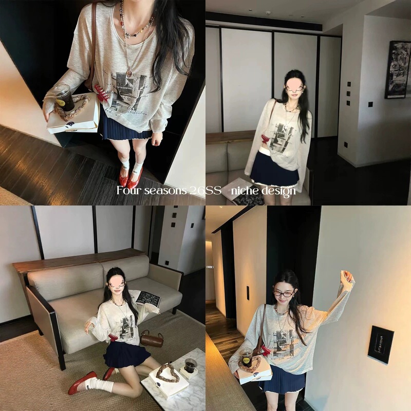 Ouyang 'Relaxed Cool T-shirt' Natural Linen + Lyocell Vintage American Print Loose Long Sleeve T-shirt Ouyang 'Relaxed Cool T-shirt' Natural Linen + Lyocell Vintage American Print Loose Long Sleeve T-shirt