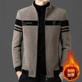 秋冬潮流加绒加厚夹克外套潮男拼接拉链时尚百搭男士呢子立领夹克