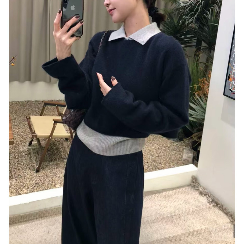 Smart Layered Autumn and Winter Lazy Contrasting Color Age-Reducing Polo Collar 2025 Short Long-Sleeved Vest Two-Piece Sweater