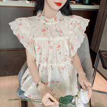 实拍新款韩版时尚甜美碎花荷叶边飞飞袖蔷薇物语宽松显瘦上衣