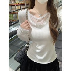 辣妹纯欲风蝴蝶结白色蕾丝打底衫女2025年春秋新款小众设计感上衣