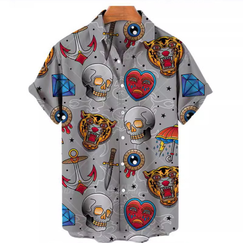 European and American Cross-Border Men's Fashion Casual Hawaiian Style 3D Digital Print Cow Warrior Floral Lapel Short-Sleeve Shirt