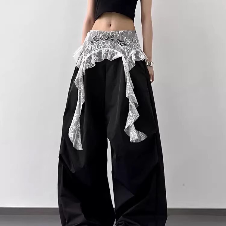 辣妹蕾丝拼接休闲阔腿裤女夏季褶皱宽松速干运动伞兵爵士舞弯刀裤|undefined
