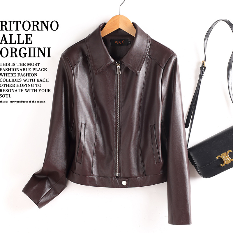 2025 Spring, Autumn and Winter New Leather Jacket Women's Short Korean Style Slim Fit Motorcycle Style Square Collar Leather Jacket