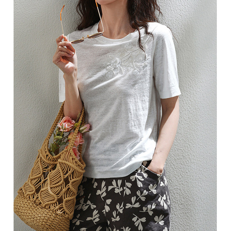 2026 Summer New Style 100% Linen Beaded Sequin Short-Sleeved T-Shirt for Women, Fashionable and Versatile Casual Style Top