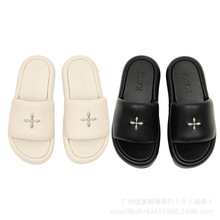 高版本X-SMFK2024新款夏季休闲十字花黑气球银扣拖鞋女厚底面包拖