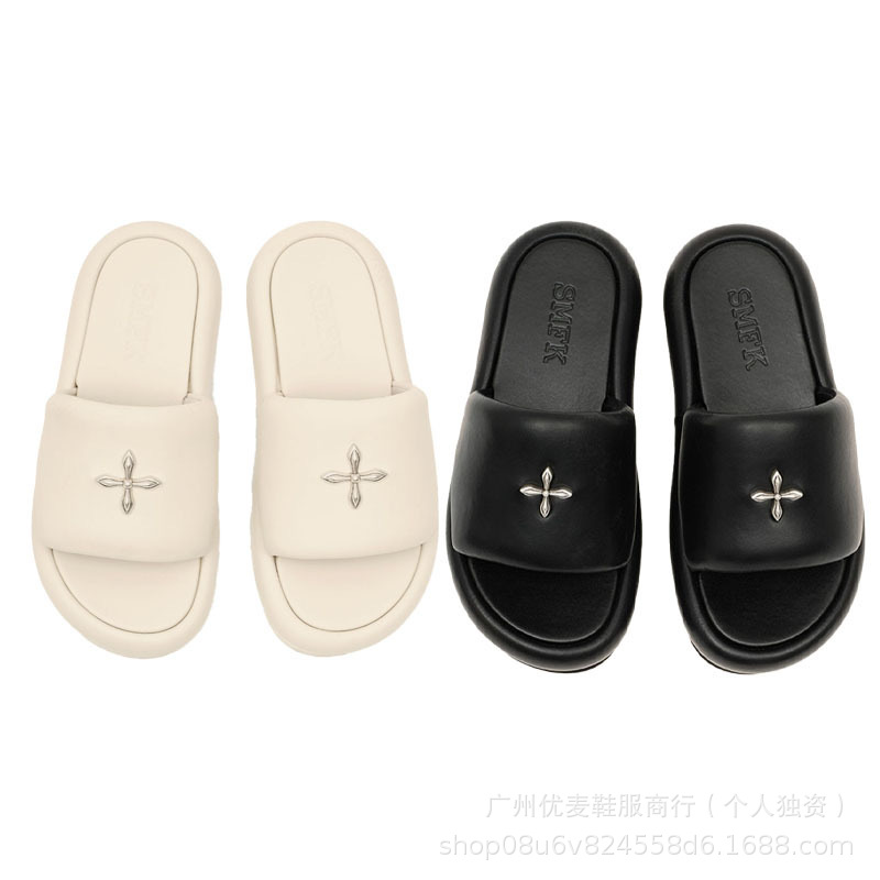 高版本X-SMFK2024新款夏季休闲十字花黑气球银扣拖鞋女厚底面包拖