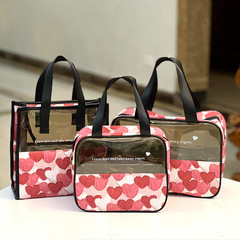 New Semi-transparent Zipper Heart Handbag with Flocked Makeup Bag and Portable Shower Bag/Lunch Bag