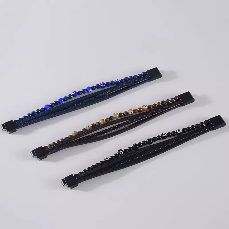 跨境男士复古多层恶魔之眼手镯手工编织朋克不锈钢磁吸青金虎眼石