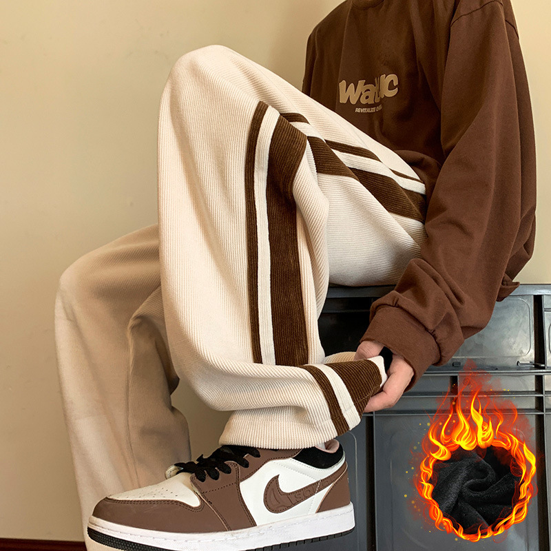 Autumn and Winter fleece-lined casual pants men and women high street couple BF style all-match wide leg Sports straight pants ins fashion