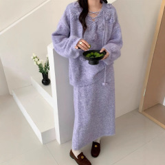 立体刺绣花朵软糯毛衣长半身裙套装女秋冬新款宽松慵懒针织两件套