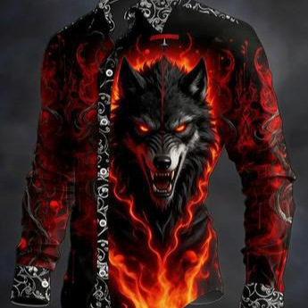 Amazon Cross-Border European and American Dark Flame Wolf Print Long-Sleeved Shirt Men's Street Style Personalized Lapel Shirt Amazon Cross-Border European and American Dark Flame Wolf Print Long-Sleeved Shirt Men's Street Style Personalized Lapel Shirt