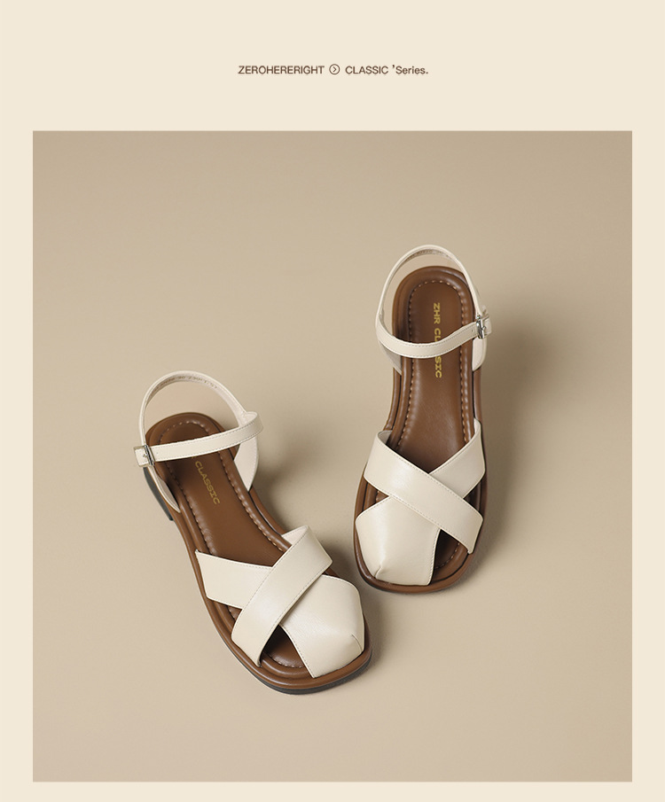 Sandal nữ quai ngang kiểu La Mã phong cách Pháp, mũi hở bán bít, đế bằng thoáng khí — KN38 màu be chi tiết 21