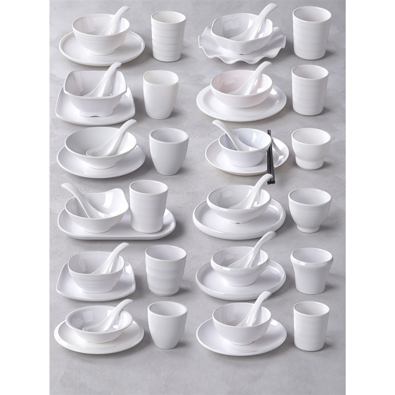 摆台四件套碗骨碟茶杯勺子餐具套装白色密胺仿瓷酒店饭店餐厅专用