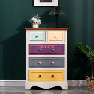 Bedroom Chest of Drawers Solid Wood Mediterranean American Retro Drawer Storage Cabinet Storage Living Room Old Color Chest of Drawers