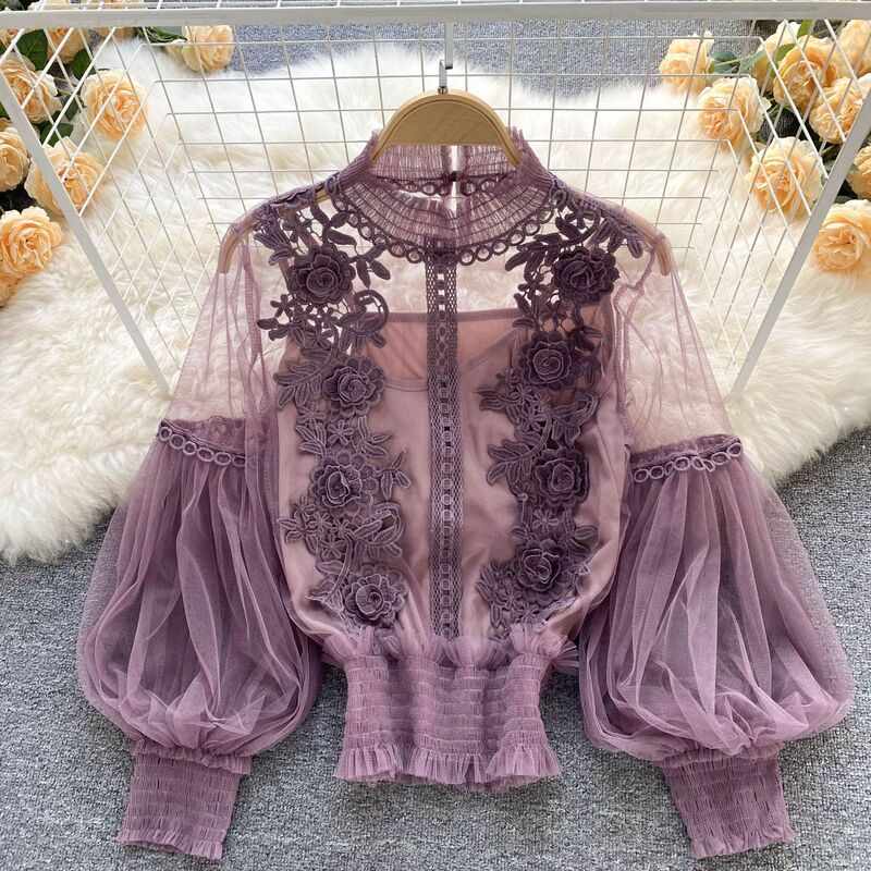 Foreign Trade Design Sense Three-dimensional Flower Collage Perspective Mesh Lantern Sleeve Slim-fit crop top Women's Lace Base Shirt Foreign Trade Design Sense Three-dimensional Flower Collage Perspective Mesh Lantern Sleeve Slim-fit crop top Women's Lace Base Shirt