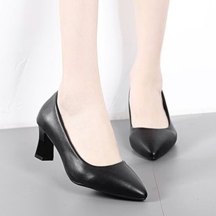 Chunky heel leather single-layer shoes women's pointed stiletto heel high heels 2023 spring new black formal wear mid heel work shoes