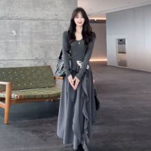 2025新款高级感蝴蝶小黑裙不规则裙边纯色长袖连衣裙收腰女连衣裙