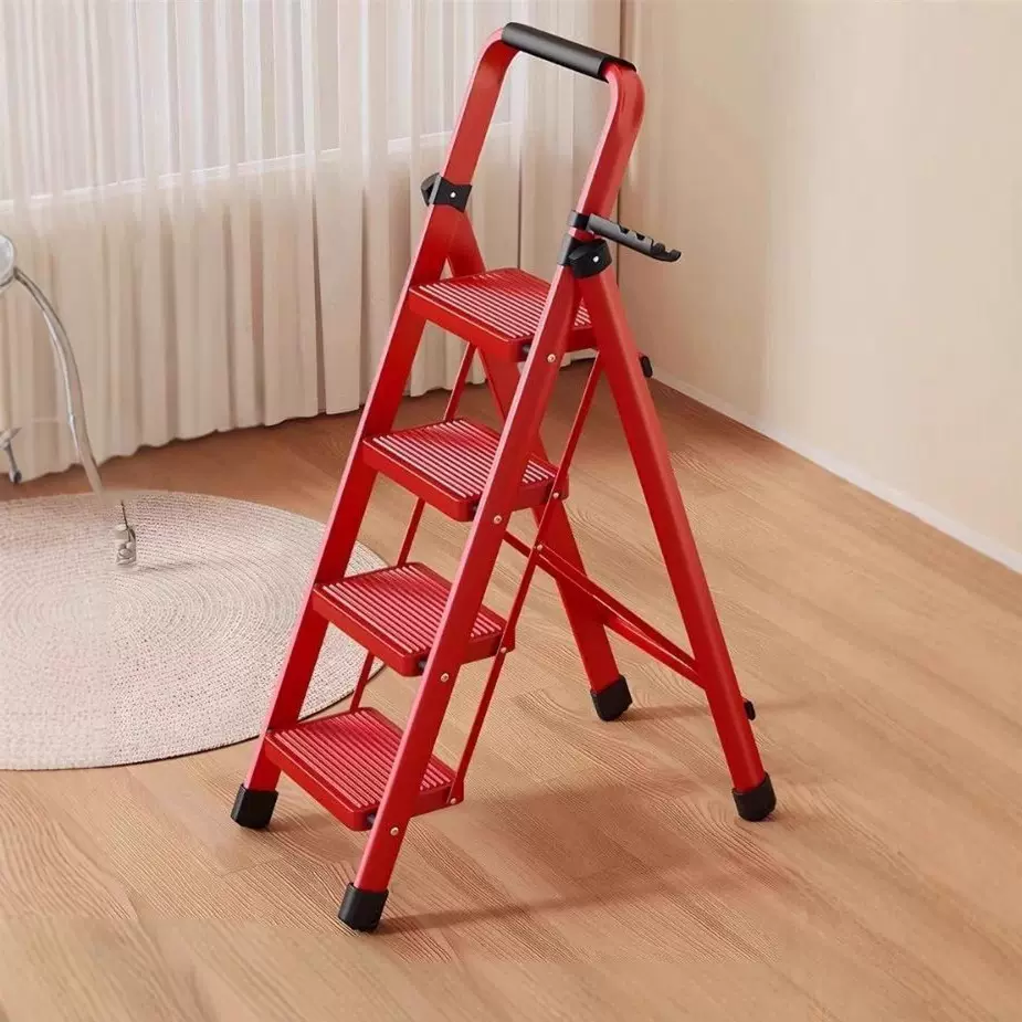 梯子多功能人字梯乔迁之喜步步高升红色碳钢便携防滑家用折叠梯子