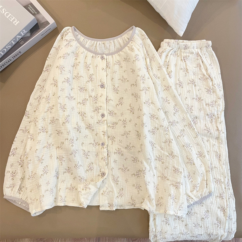 双层纯棉纱布睡衣女春秋季新款长袖日系甜美碎花全棉家居服夏|undefined