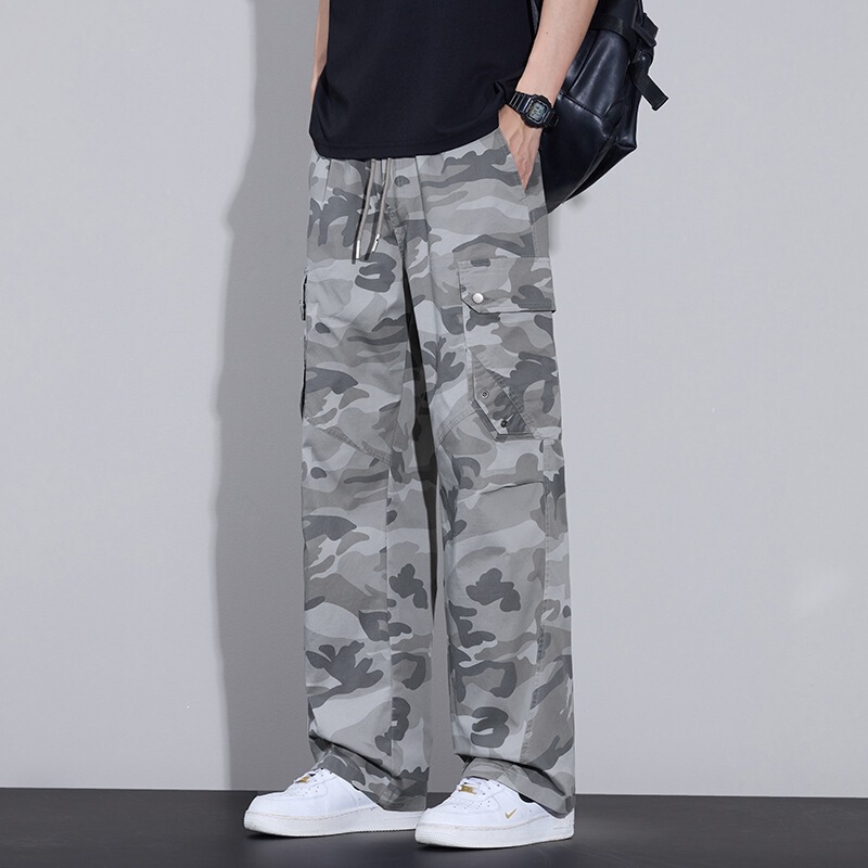 Light Gray Camouflage Three-Dimensional Large Pocket Cargo Pants for Men, Drawstring Loose Fit, Slimming Mountain Style, Camping Wear, Casual Men's Pants Light Gray Camouflage Three-Dimensional Large Pocket Cargo Pants for Men, Drawstring Loose Fit, Slimming Mountain Style, Camping Wear, Casual Men's Pants