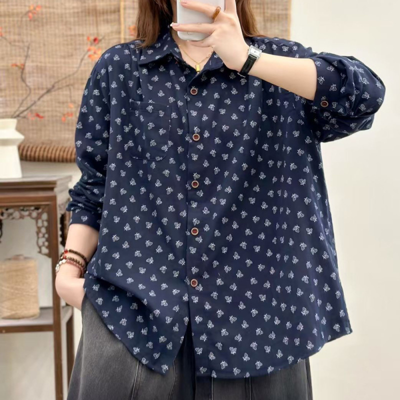 春秋新款韩版宽松休闲百搭文艺印花双层棉纱长袖衬衫女上衣衬衣|undefined