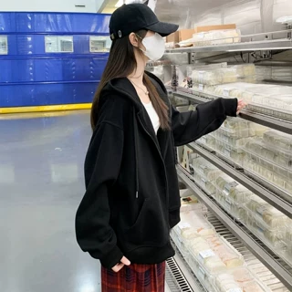 黑色连帽卫衣外套女秋季2026新款爆款开衫宽松拉链帽衫巨好看上衣