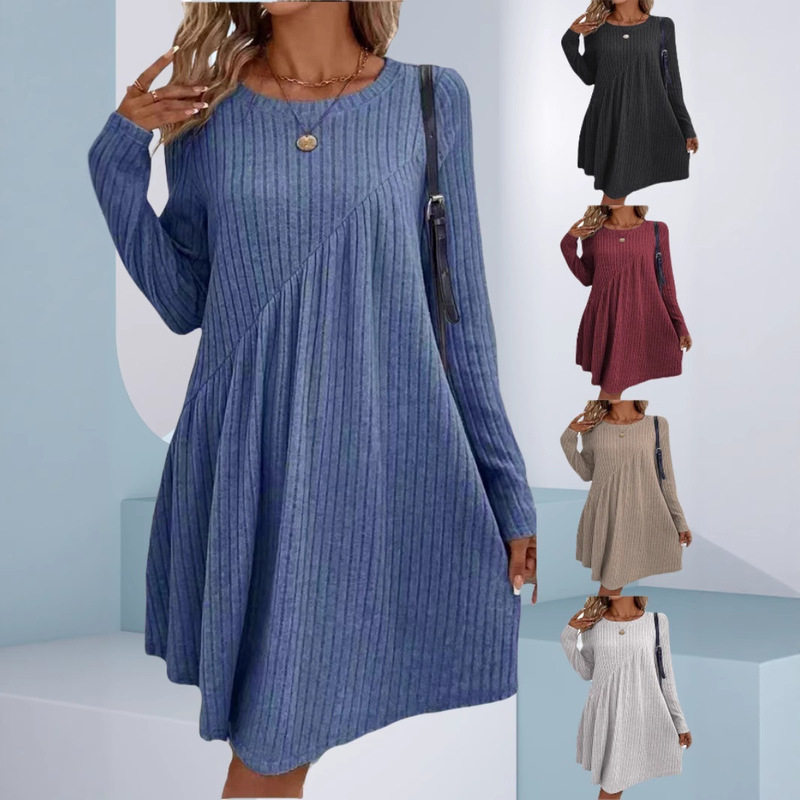2025 Amazon Independent Station Autumn and Winter Style Bohemian Irregular Brushed Pit Strip Solid Color Dress Women's Clothing