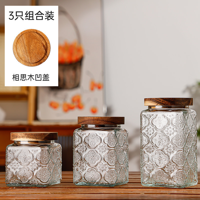 Hogar vintage Begonia flor realzada snack caramelo almacenamiento tarro bambú cubierta americana cocina transparente vidrio sellado frasco