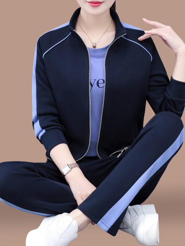 立领休闲运动套装女2025新款春秋中年妈妈宽松跑步卫衣外套三件套|undefined