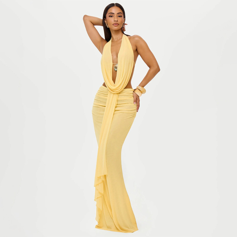 2025 New Autum Cross-Border European and American Style Swing Collar Pleated Halterneck Halter Top Sexy Hip-Hugging Skirt Suit