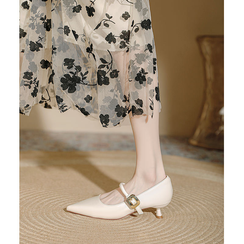 Pointed Toe Retro Mid-Heel 2025 New Model Single Strap High Heels Stiletto Soft Leather French Mary Jane Women's Shoes_vogvips.com